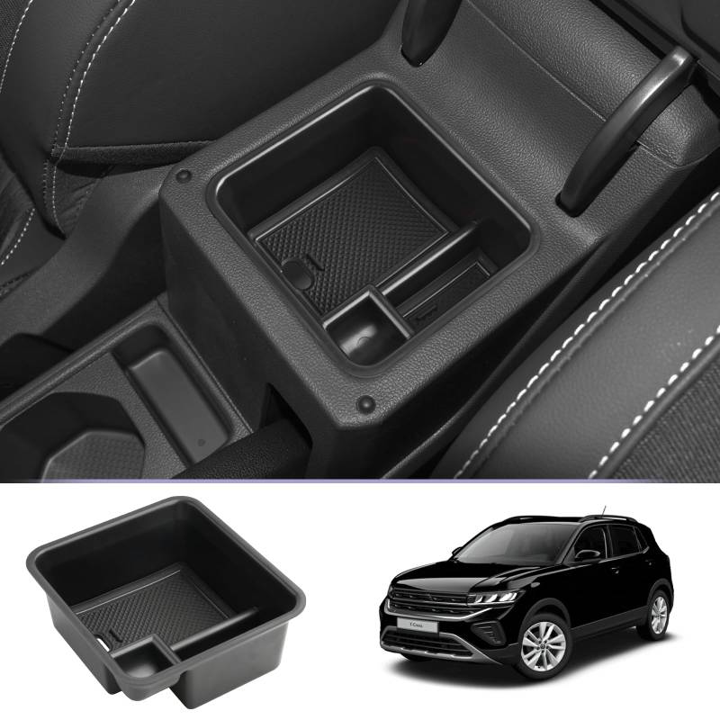 ZCLINKO Kompatibel mit VW T-Cross T Cross 2018-2023 2024 Armlehne Aufbewahrungsbox Mittelkonsole Armlehne Organizer Handschuhfach Tray mit Antirutschmatten Auto Zubehör (Schwarz) von ZCLINKO