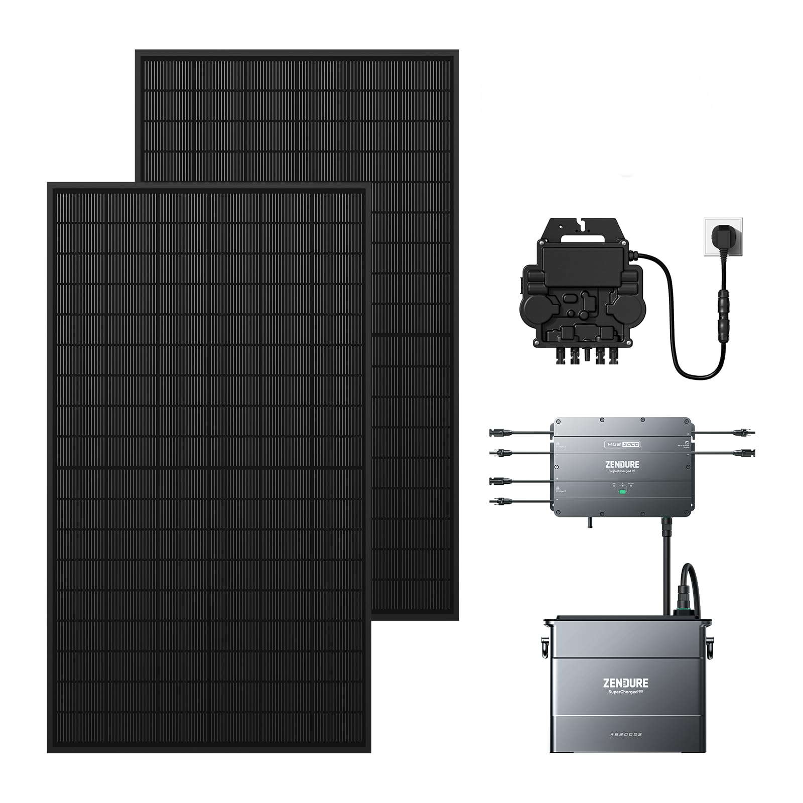 Zendure SolarFlow Balkonkraftwerk mit Speicher, Hub 2000 mit 1800 W Solar Eingang, 1200W Ausgang, AB2000S 1920 Wh LiFePO4 Akku, 1000W Solarpanels, APsystems EZ1-M 800W Mikrowechselrichter von ZENDURE SuperCharged