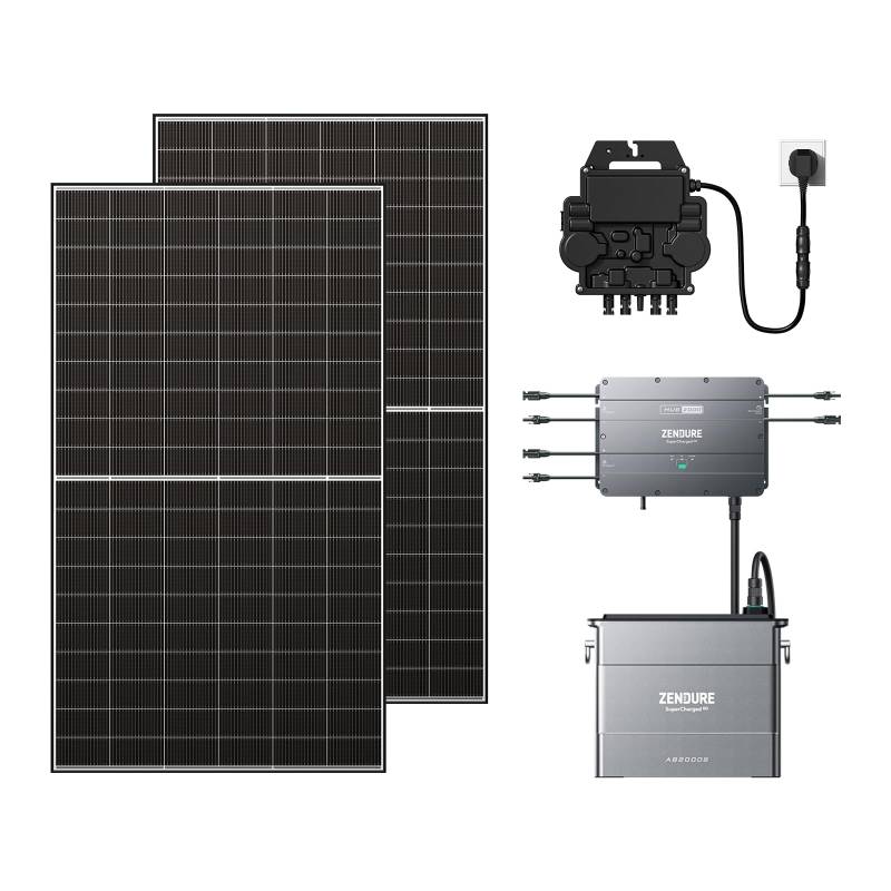 Zendure SolarFlow Balkonkraftwerk mit Speicher, Hub 2000 mit 1800 W Solar Eingang, 1200W Ausgang, AB2000S 1920 Wh LiFePO4 Akku, 1000W Solarpanels, APsystems EZ1-M 800W Mikrowechselrichter von ZENDURE SuperCharged