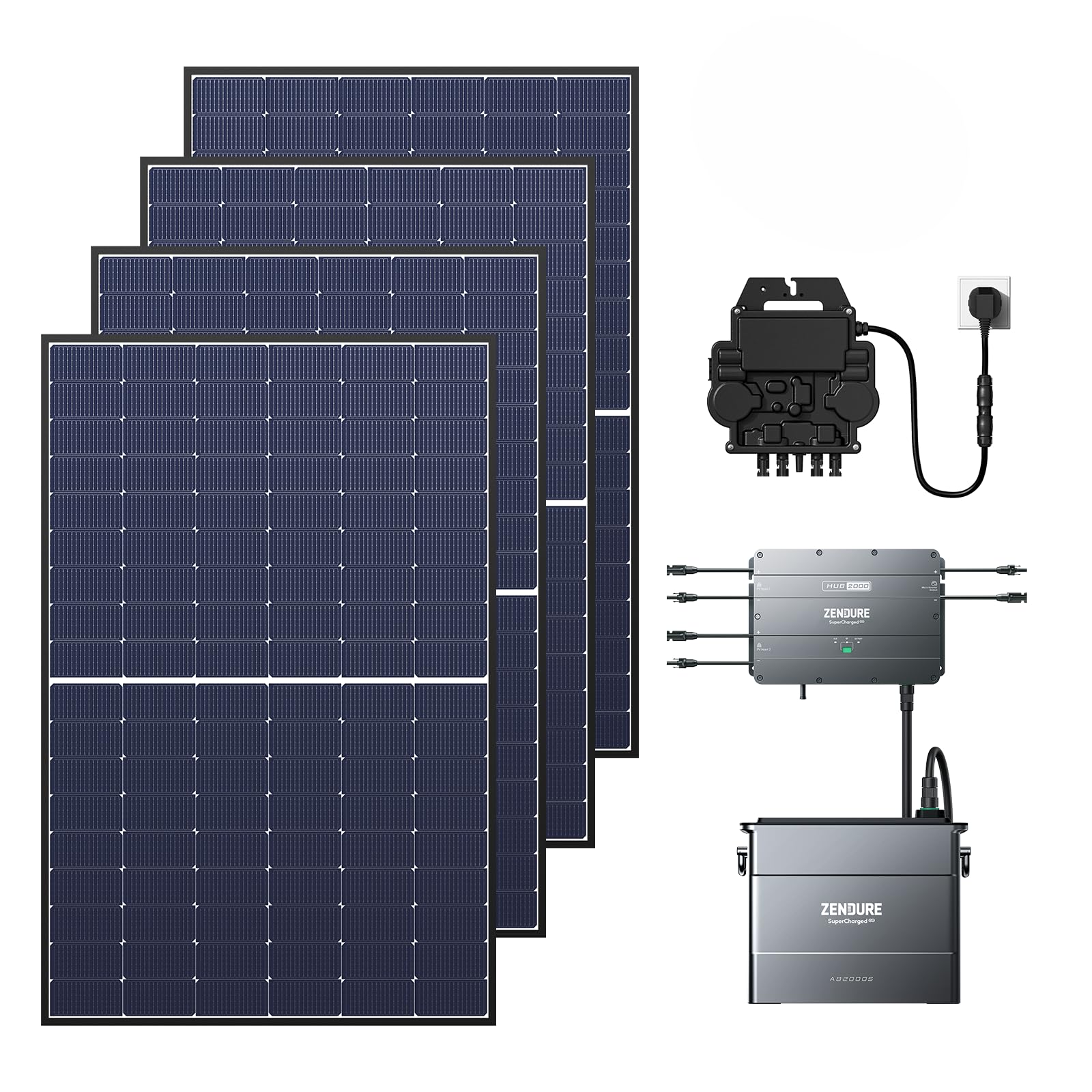 Zendure SolarFlow Balkonkraftwerk mit Speicher, Hub 2000 mit 1800 W Solar Eingang, 1200W Ausgang, AB2000S 1920 Wh LiFePO4 Akku, 1720W bifacial Solarpanels, APsystems EZ1-M 800W Mikrowechselrichter von ZENDURE SuperCharged