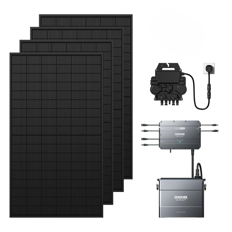 Zendure SolarFlow Balkonkraftwerk mit Speicher, Hub 2000 mit 1800 W Solar Eingang, 1200W Ausgang, AB2000S 1920 Wh LiFePO4 Akku, 1720W bifacial Solarpanels, APsystems EZ1-M 800W Mikrowechselrichter von ZENDURE SuperCharged