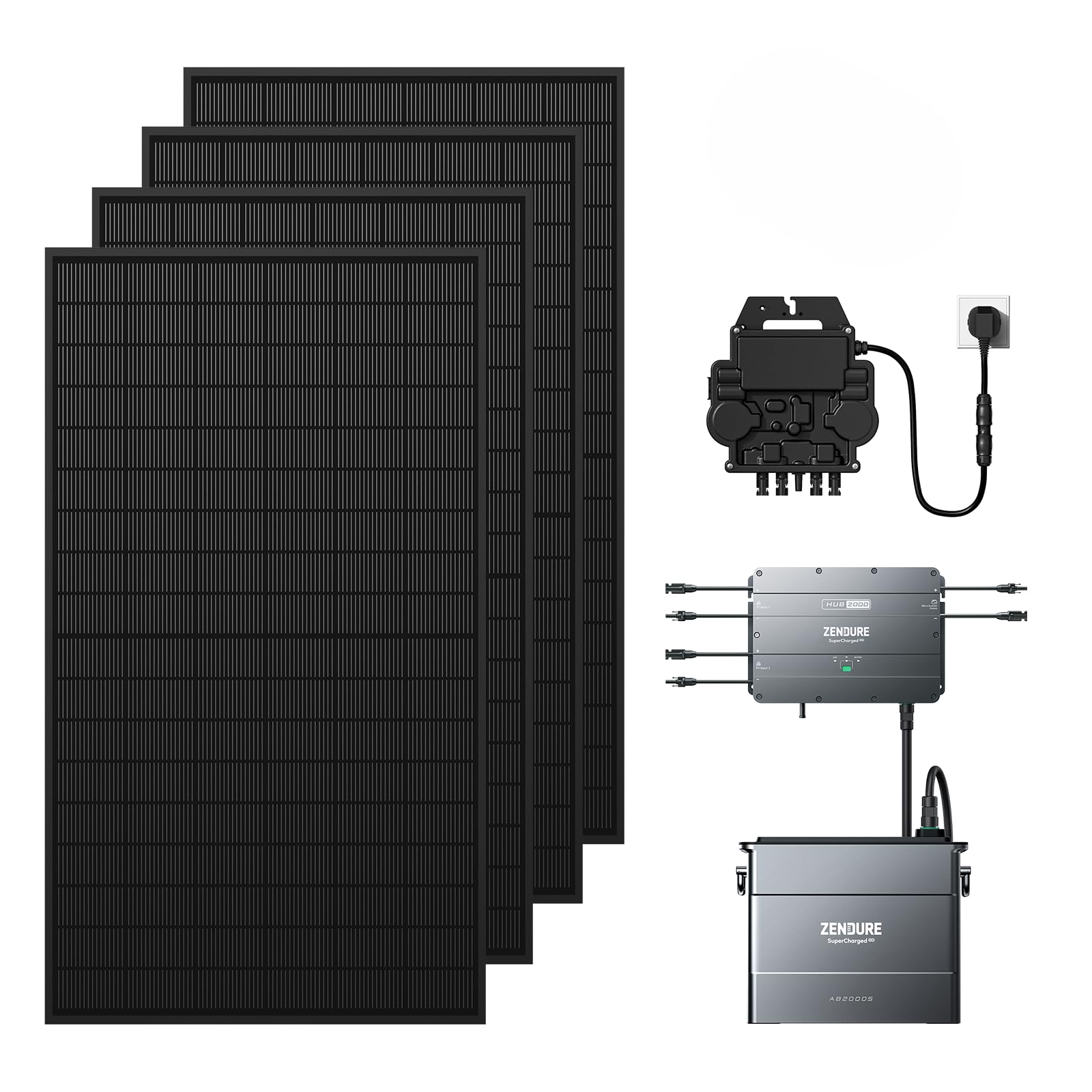 Zendure SolarFlow Balkonkraftwerk mit Speicher, Hub 2000 mit 1800 W Solar Eingang, 1200W Ausgang, AB2000S 1920 Wh LiFePO4 Akku, 2000W Solarpanels, APsystems EZ1-M 800W Mikrowechselrichter von ZENDURE SuperCharged