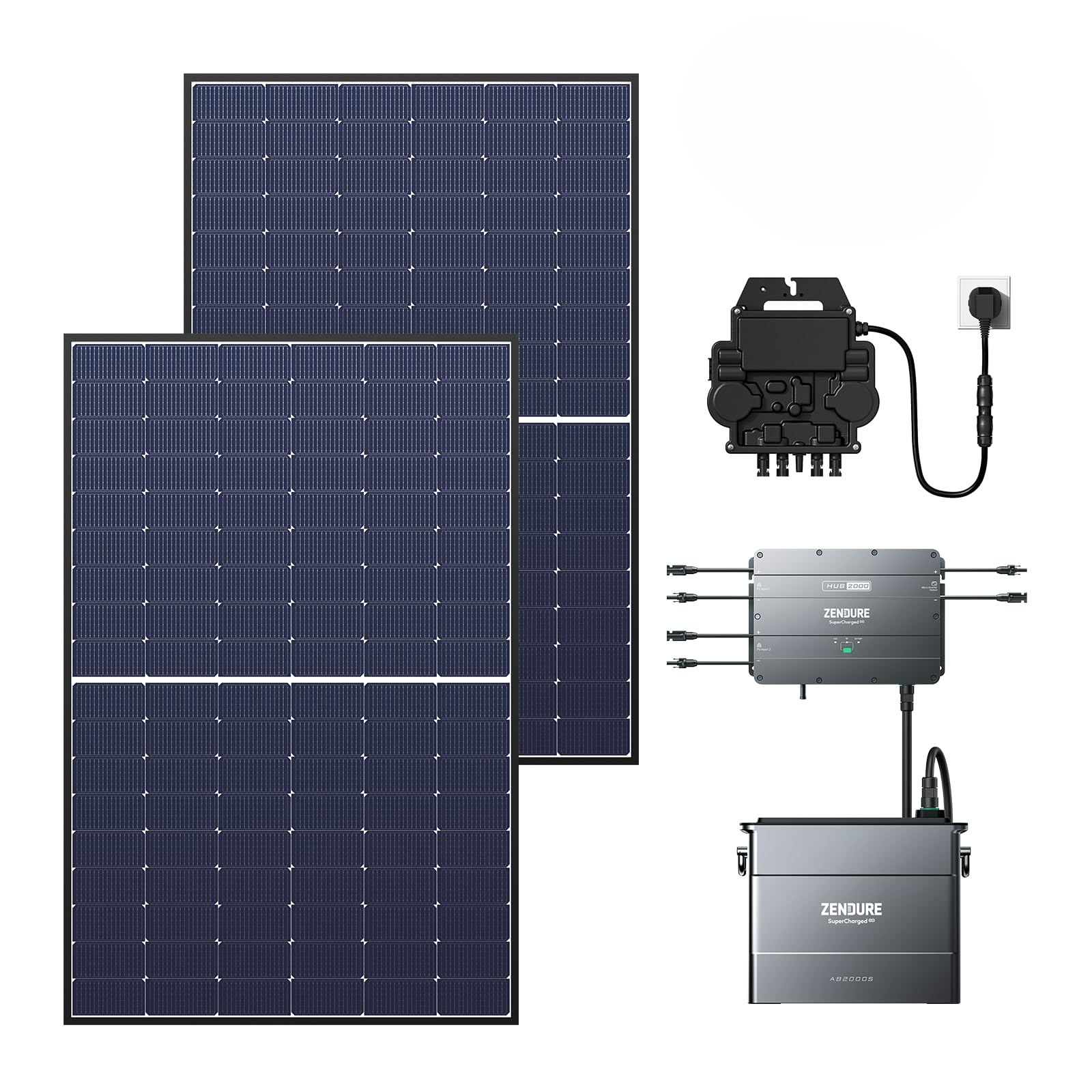 Zendure SolarFlow Balkonkraftwerk mit Speicher, Hub 2000 mit 1800 W Solar Eingang, 1200W Ausgang, AB2000S 1920 Wh LiFePO4 Akku, 860W bifacial Solarpanels, APsystems EZ1-M 800W Mikrowechselrichter von ZENDURE SuperCharged