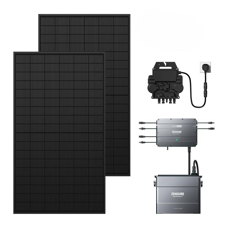 Zendure SolarFlow Balkonkraftwerk mit Speicher, Hub 2000 mit 1800 W Solar Eingang, 1200W Ausgang, AB2000S 1920 Wh LiFePO4 Akku, 860W bifacial Solarpanels, APsystems EZ1-M 800W Mikrowechselrichter von ZENDURE SuperCharged