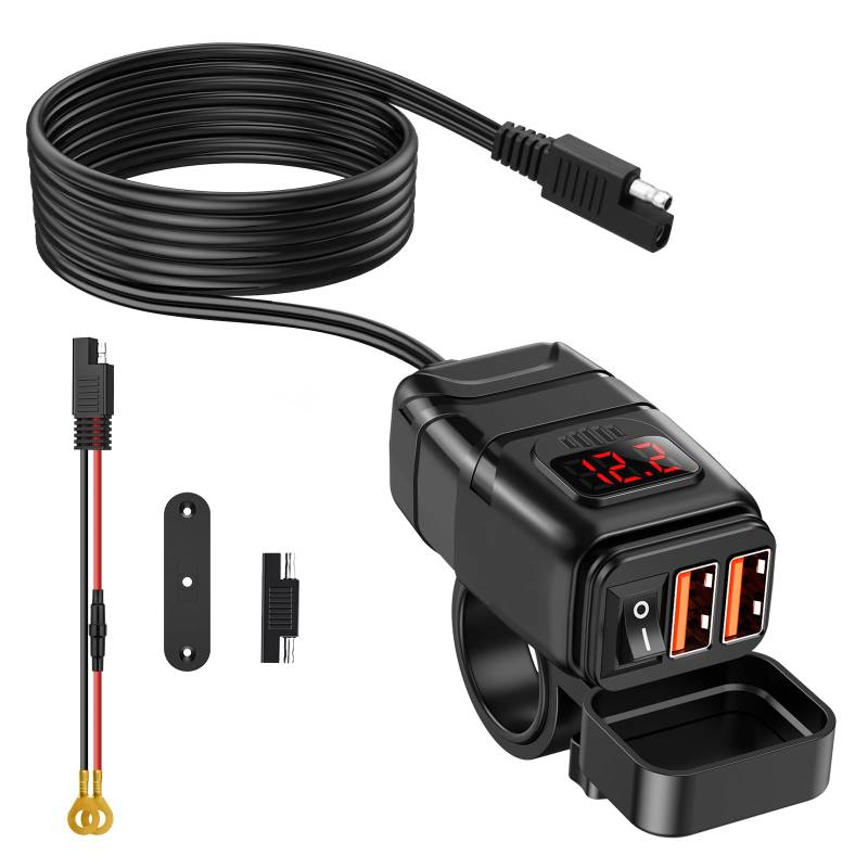 ZEXMTE 12V USB Steckdose Motorrad, 6.4A Quick Charge 3.0 USB-Ladegerät mit Ein-/Ausschalter und LED-Spannungsmesser, Wasserdichter SAE-auf-USB Steckdose für 12V ~24V Motorrad Wohnmobil KFZ Boot von ZEXMTE