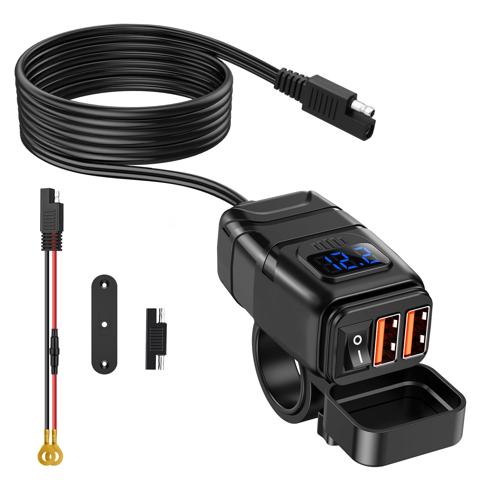 ZEXMTE Motorrad USB Ladegerät, 6,8A Schnellladung 3.0 Dual-USB Motorrad Telefon Ladegerät mit Voltmeter & Ein/Aus-Schalter, wasserdichter Schnelltrenner SAE zu USB Adapter für Telefon, Tablet, GPS von ZEXMTE