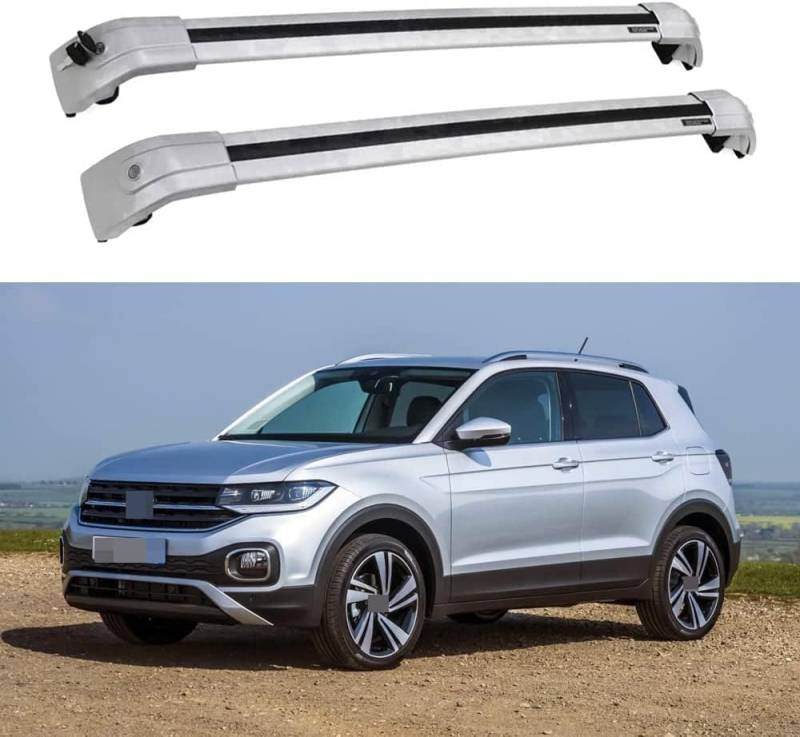 2 Stücke Dachträger für VW T-Cross 2019 2020 2021 2022 2023, aus Alu Bis Offene Reling, Auto Dachreling Rack Lastenträger Querträger Auto Zubehör,Silver von ZFSMHLH