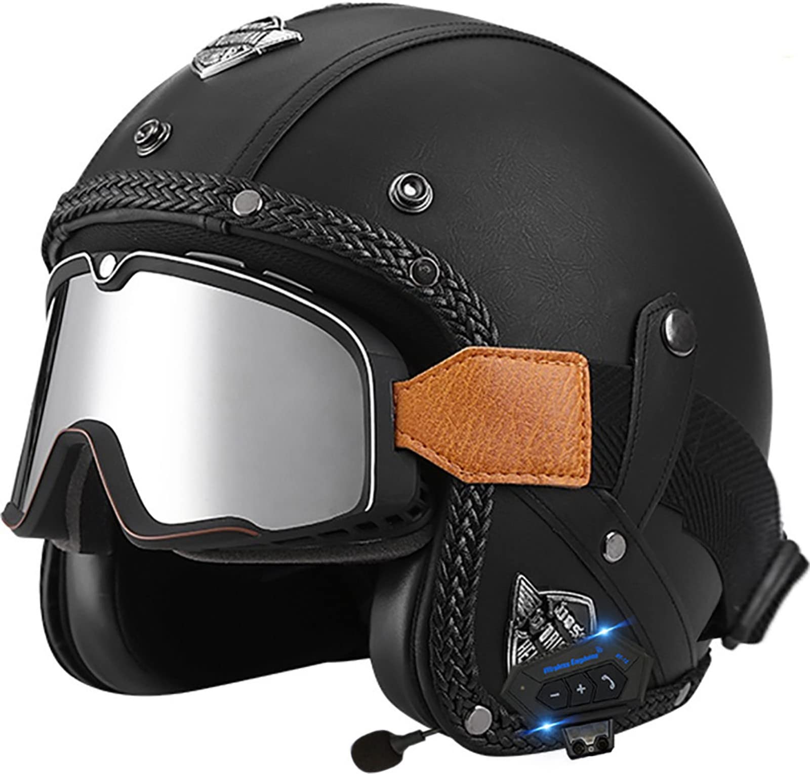Bluetooth-Leder-Jethelm Vintage-Motorradhelm Mit Großer Rahmenbrille Offener Helm Für Erwachsene Männer Und Frauen Straßenrennen Motorrad Cruiser DOT/ECE-Geprüft 2,S(55-56CM) von ZGFHTY