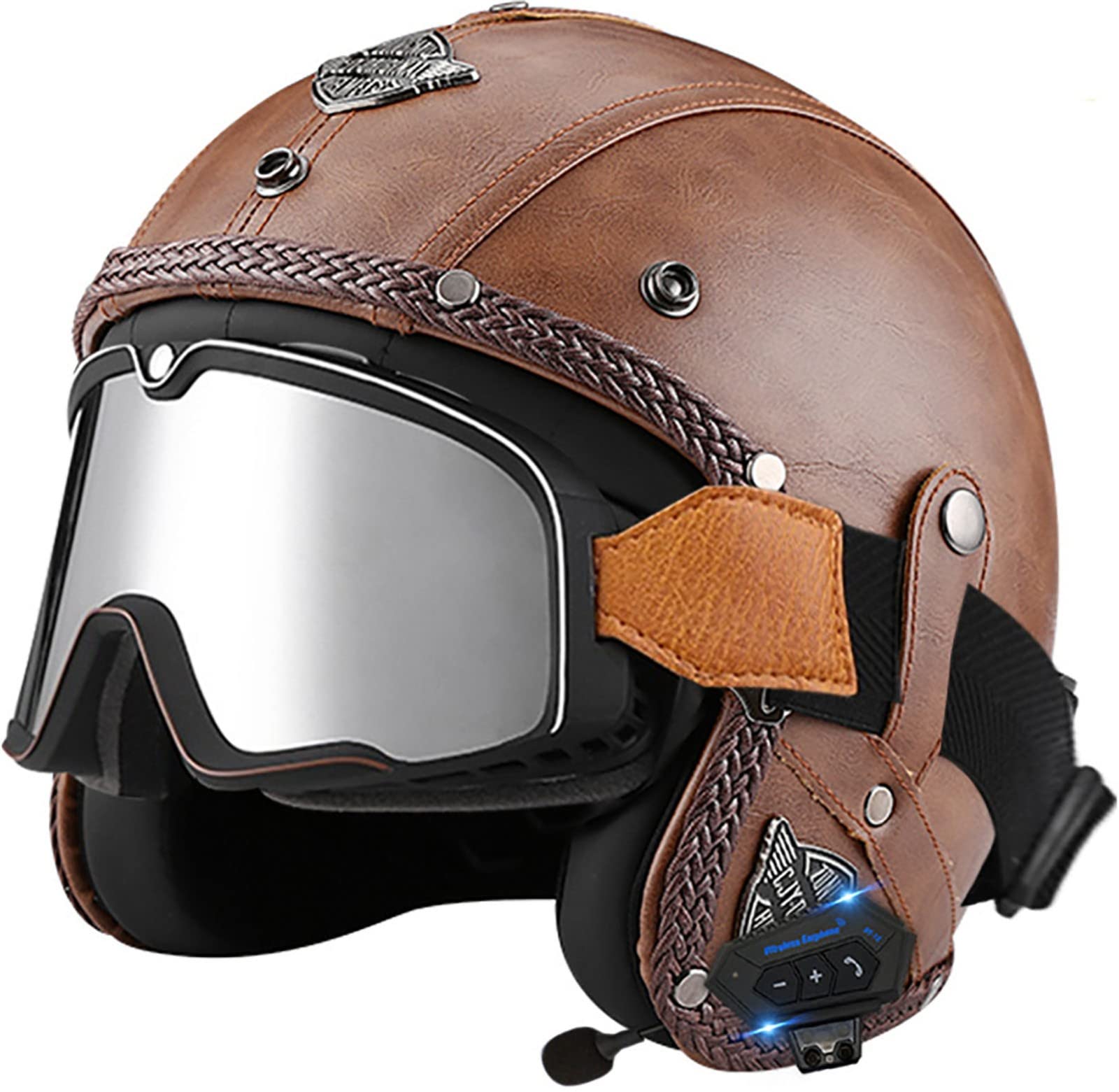 Bluetooth-Leder-Jethelm Vintage-Motorradhelm Mit Großer Rahmenbrille Offener Helm Für Erwachsene Männer Und Frauen Straßenrennen Motorrad Cruiser DOT/ECE-Geprüft 4,M(57-58CM) von ZGFHTY