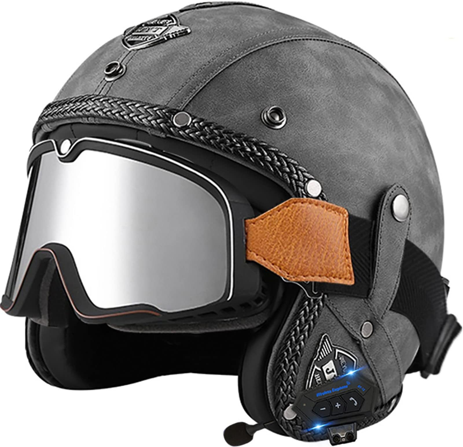 Bluetooth-Leder-Jethelm Vintage-Motorradhelm Mit Großer Rahmenbrille Offener Helm Für Erwachsene Männer Und Frauen Straßenrennen Motorrad Cruiser DOT/ECE-Geprüft 6,XXL(63-64CM) von ZGFHTY