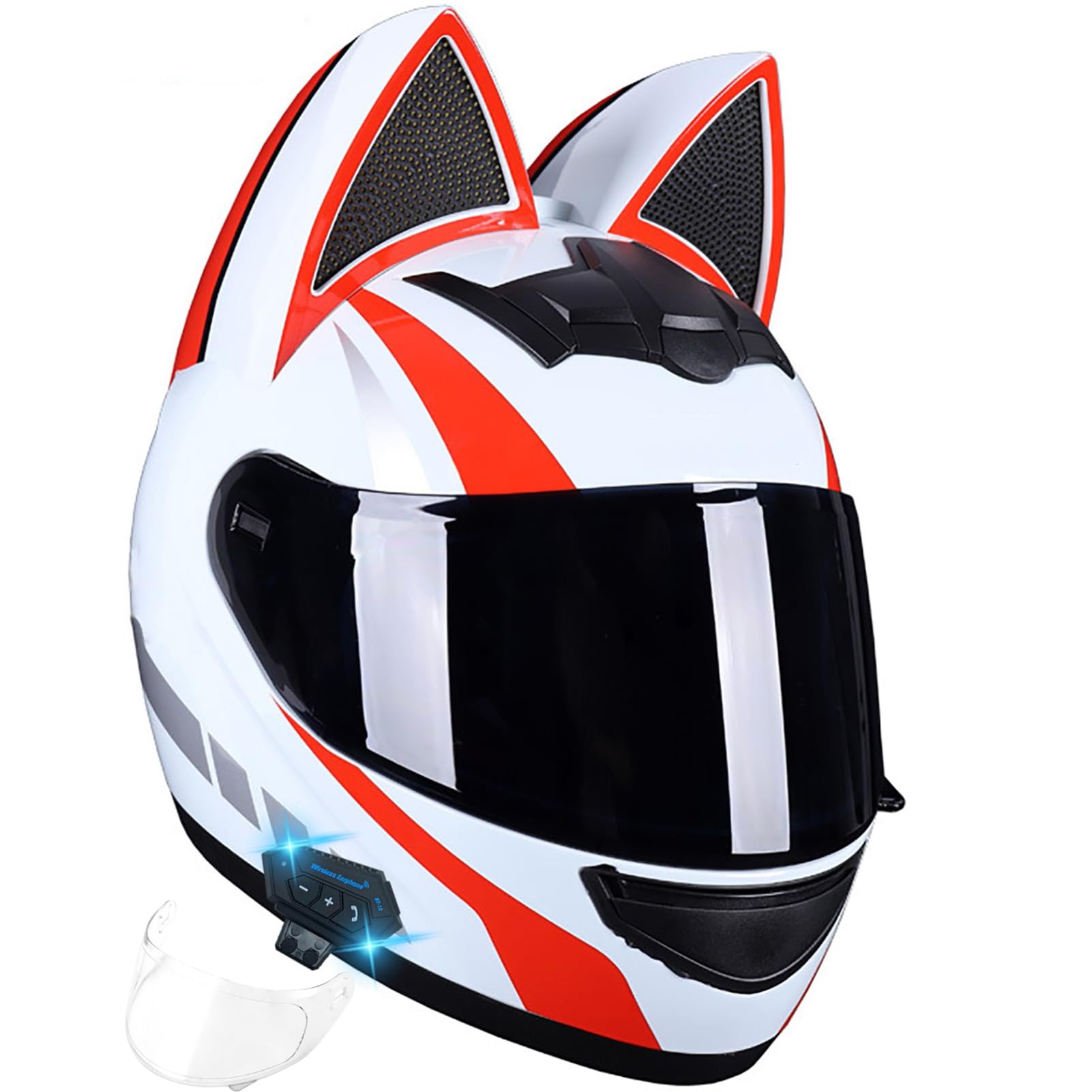 Mädchen-Motorradhelm Mit Katzenohren Bluetooth-Motorrad-Vollhelm Mit Abnehmbaren Ohren Motorradhelm DOT/ECE-Zulassung Für Scooter-Cruiser-Motorradrennen 6,M(54-56CM) von ZGFHTY