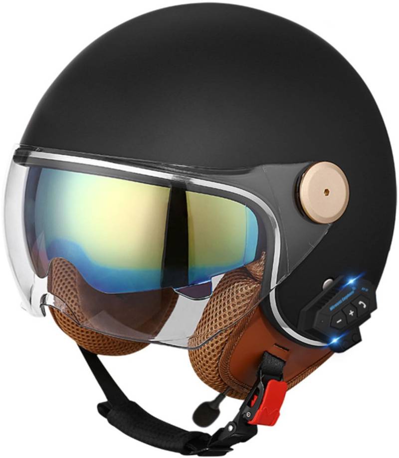 Offener Bluetooth-Helm 3/4-Motorradhelm Mit Integriertem Drop-Down-Visier Jet-Helm Integrierter Lautsprecher Und Mikrofon Passend Für Motorrad Cruiser Chopper DOT/ECE-Geprüft 2,L(58-59CM) von ZGFHTY