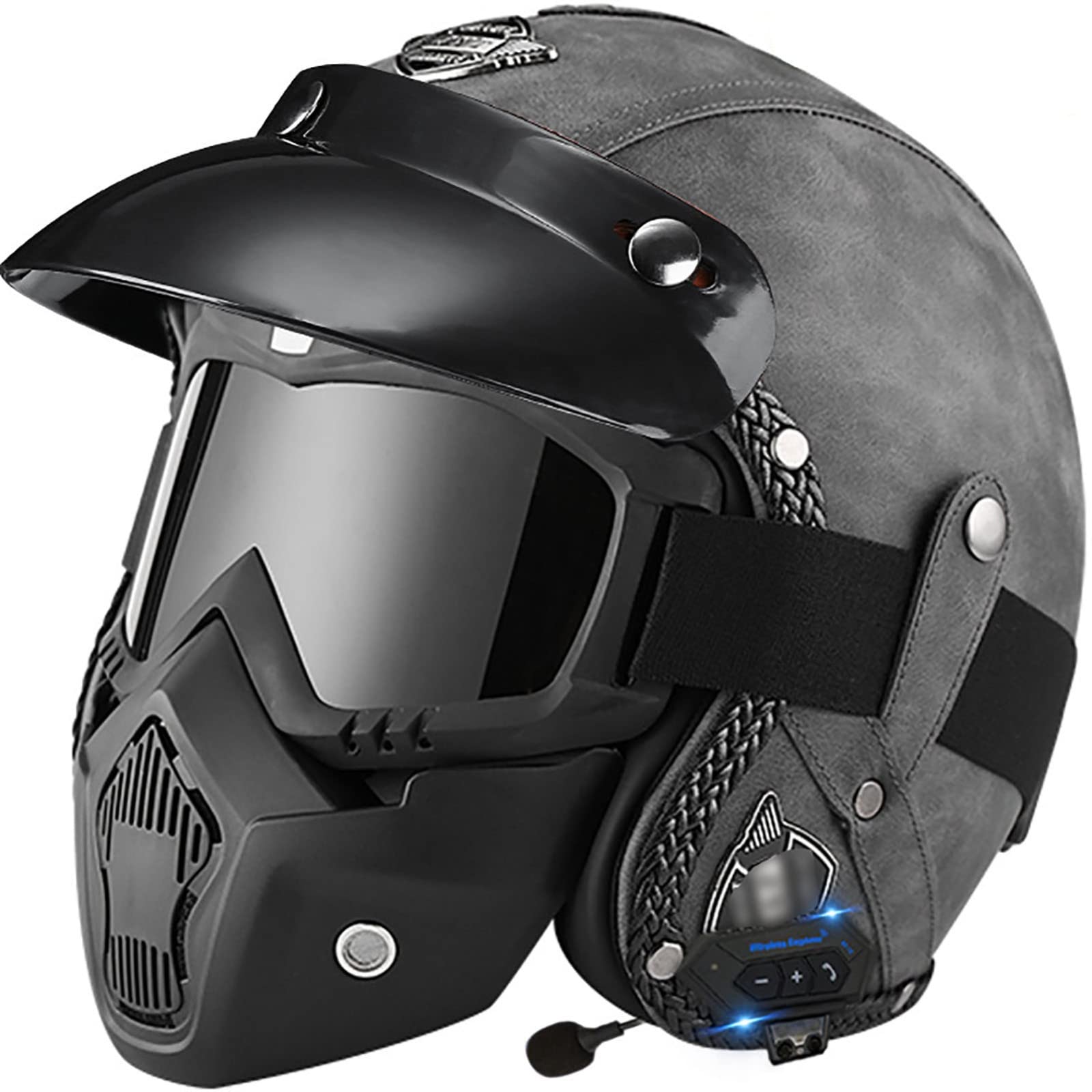 Retro-Bluetooth-Motorradhelm Offener Helm Jethelm Mit Gesichtsmaske Integriertes Mikrofon Für Erwachsene Herren Damen Straßenrennen Cruiser Motorrad DOT/ECE-Geprüft 2,M(57-58CM) von ZGFHTY