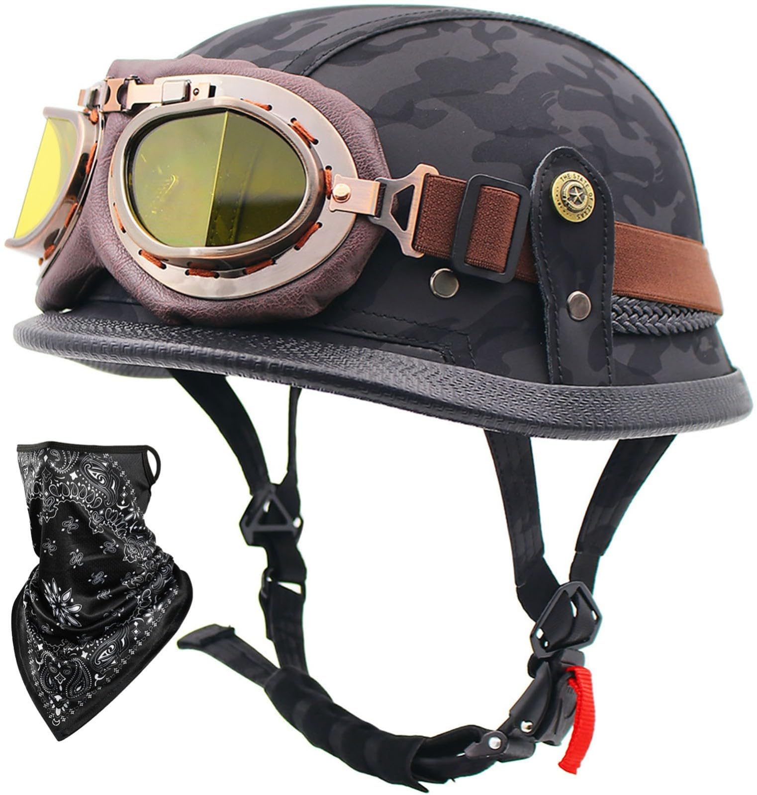 Vintage-Motorradhelm Offener Motorrad-Halbhelm aus Leder mit Schutzbrille und Gesichtstuch Halbschalenhelm für Erwachsene Männer und Frauen ECE-Zulassung Roller Cruiser Moped 5,L(58-59CM) von ZGFHTY