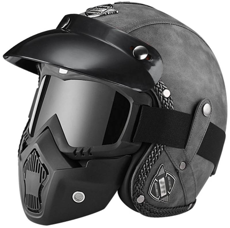 ZGFHTY Offener Motorradhelm Vintage-Lederhalbhelm Jethelm mit Maske 3/4-Sturzhelm ECE-geprüft abnehmbare Krempe Männer Frauen Moped Roller Cruiser 13,L(59-60CM) von ZGFHTY