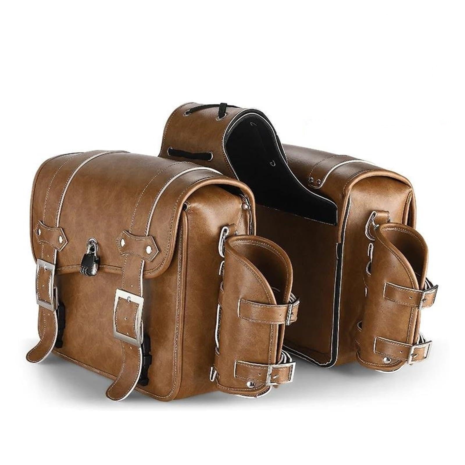 Motorrad Tasche Universelle Motorradtasche wasserdichte Seitentasche Aus PU Leder Mit Flaschentaschen-Vorhängeschloss Motorradgepäck(Brown) von ZHANGZHENGYAO