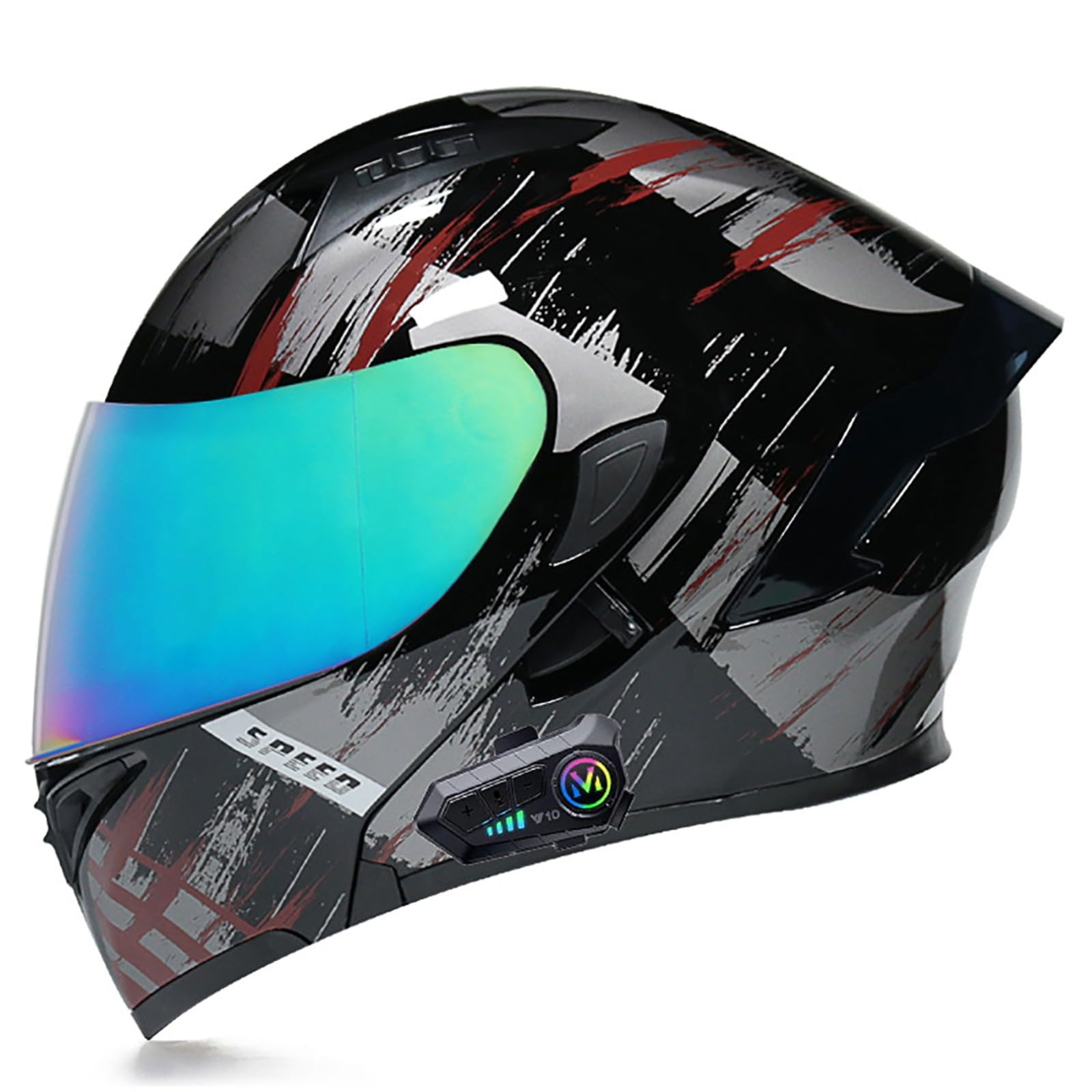 Hochklappbarer Motorradhelm, Bluetooth-Integralhelm, DOT/ECE-Geprüft, Modularer Motorradhelm Mit Doppelvisier, Für Automatische Anrufannahme E,L=59-60CM von ZHGAXING