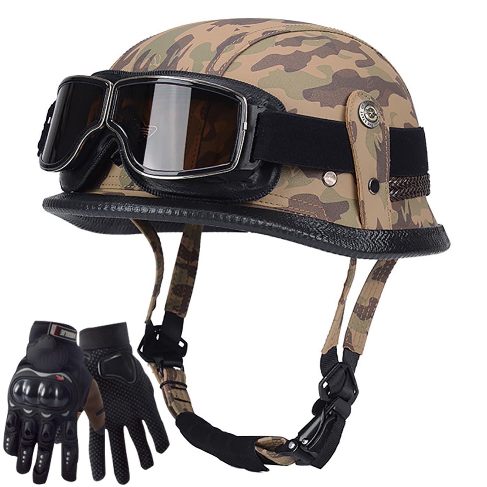 Leder-Motorrad-Halbhelm, Totenkopfkappe, Retro-Jethelm Mit Schutzbrille, Motorrad-Crash-Sicherheitshelm Für Erwachsene, Männer Und Frauen, ECE-Zertifizierter Offener Helm E,L=59-60CM von ZHGAXING