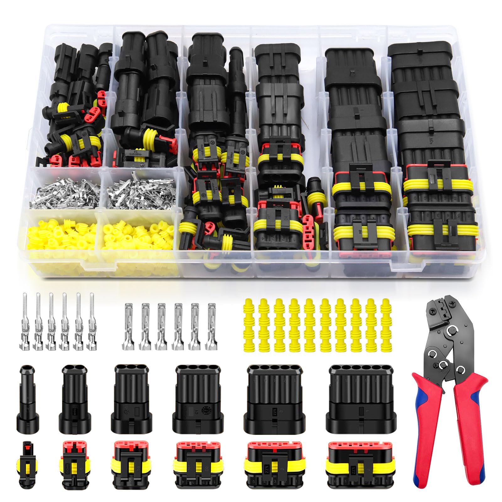 KFZ Stecker Set, 808Pcs KFZ Steckverbinder mit Crimpzange, Wasserdichte Stecker 1-6 Polig, Superseal Stecker für Traktor Zubehör, Auto, LKW, Boot(Anwendbarer Kabeldurchmesser: 1,5mm², 300V, 12A) von ZHITING