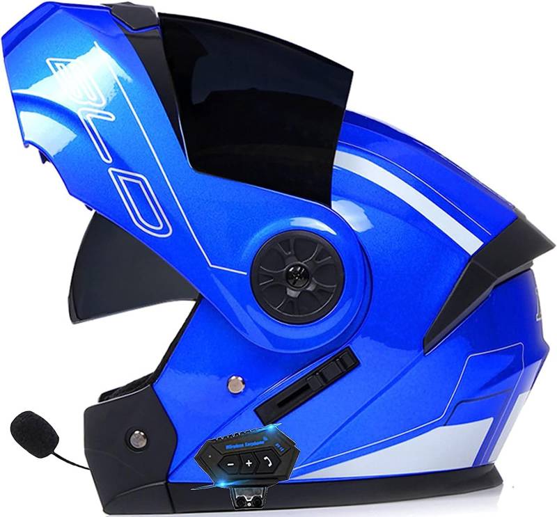 Bluetooth-Motorradhelm Mit Doppelvisier,Blendfreier Modulares Vollgesicht Eingebautes Bluetooth-FM-Radio Wasserdichtes Bluetooth Integrierte Helme ECE-Zulassung von ZHTBATE