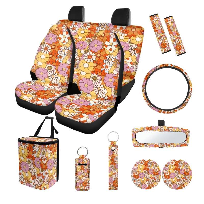 ZIATUBLES 13-teiliges Auto-Sitzbezüge, komplettes Set mit Hippie-Gänseblümchen, Lenkradbezug, Gurtpolster, Mülleimer, Rückspiegel-Abdeckung, Untersetzer, Schlüsselanhänger, Lippenstift-Abdeckung für von ZIATUBLES