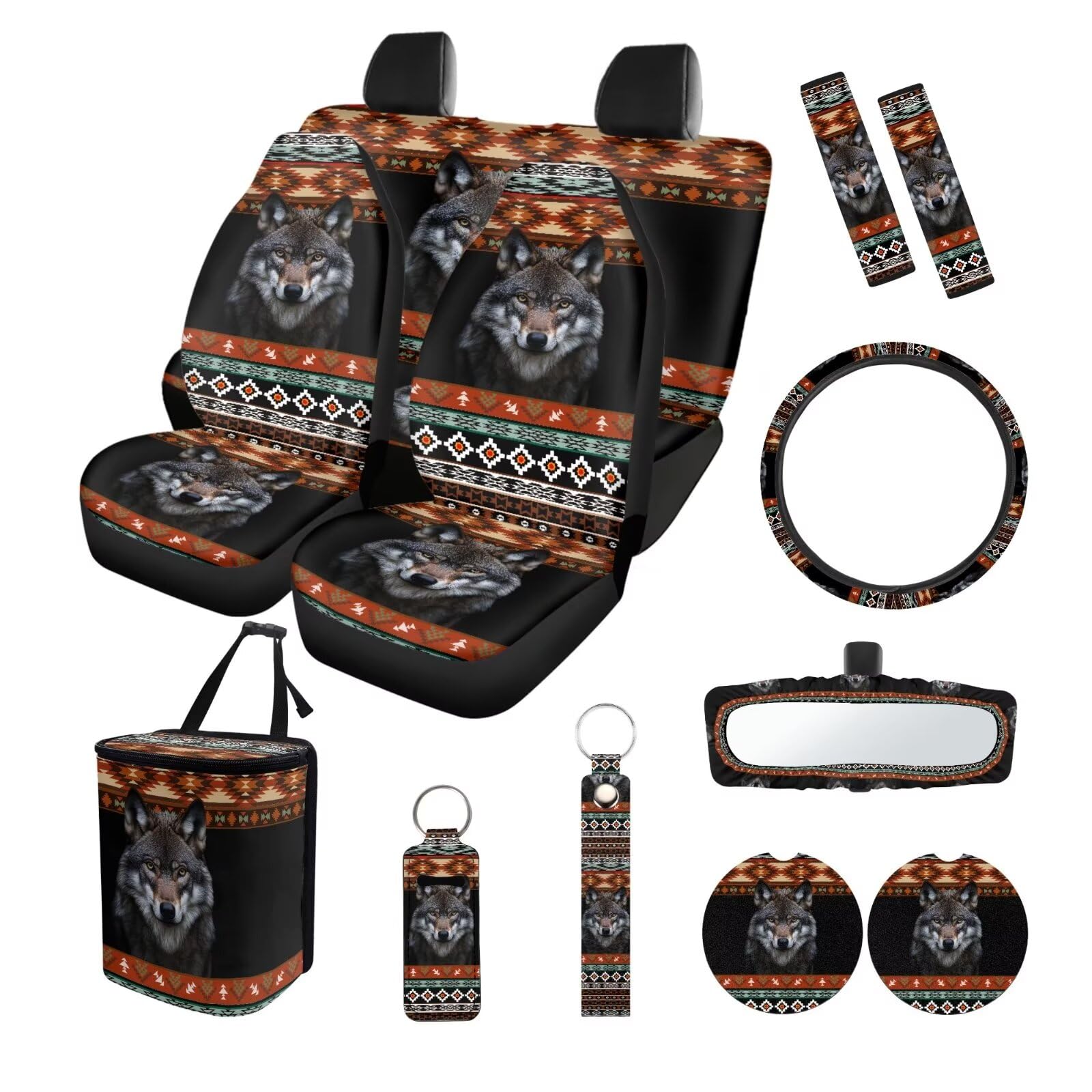 ZIATUBLES 13-teiliges Autositzbezüge, Azteken-Motiv, Wolf-Druck, komplettes Set mit Lenkradbezug, Sicherheitsgurtpolster, Mülleimer, Rückspiegel-Abdeckung, Untersetzer, PU, Schlüsselanhänger, von ZIATUBLES