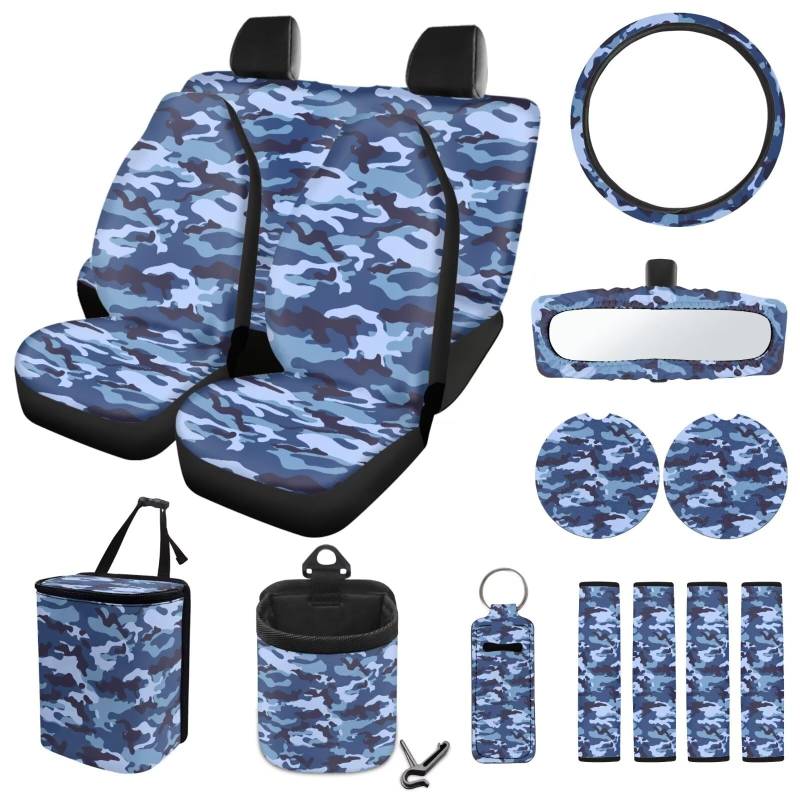 ZIATUBLES 15 Stück Autositzbezüge mit Lenkradbezügen Camo Blau Druck Lenkradbezug Sicherheitsgurtpolster Mülleimer Lüftungsschlitz Aufbewahrungstasche Lippenstiftbezug Cuo-Halter für Frauen von ZIATUBLES