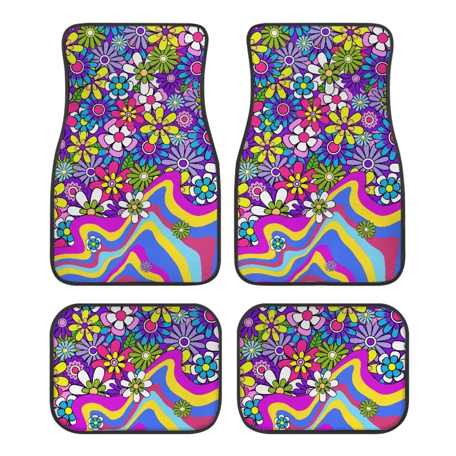 ZIATUBLES 4 Stück Groovy Hippie Gänseblümchen Blume Druck Auto Fußmatten Full Sets schmutzabweisend Fahrzeug vorne hinten Teppiche Matten Universal Autoteppiche Autozubehör für Van LKW von ZIATUBLES