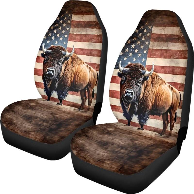 ZIATUBLES Amerikanische Bison Vintage USA Flagge Muster Auto Vordersitzbezüge Fahrzeug Sitzschoner Auto Sitzbezüge, Auto Vordersitzbezüge Universal Fit für Limousine LKW SUV Van von ZIATUBLES