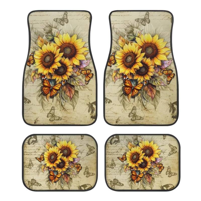 ZIATUBLES Auto Fußmatten Anti Rutsch Teppich Fußmatten für Vorne und Hinten Komplette Sets Retro Sonnenblume Schmetterling Druck Schmutzabweisend Allwettermatten Universal Fit Die Meisten Auto von ZIATUBLES