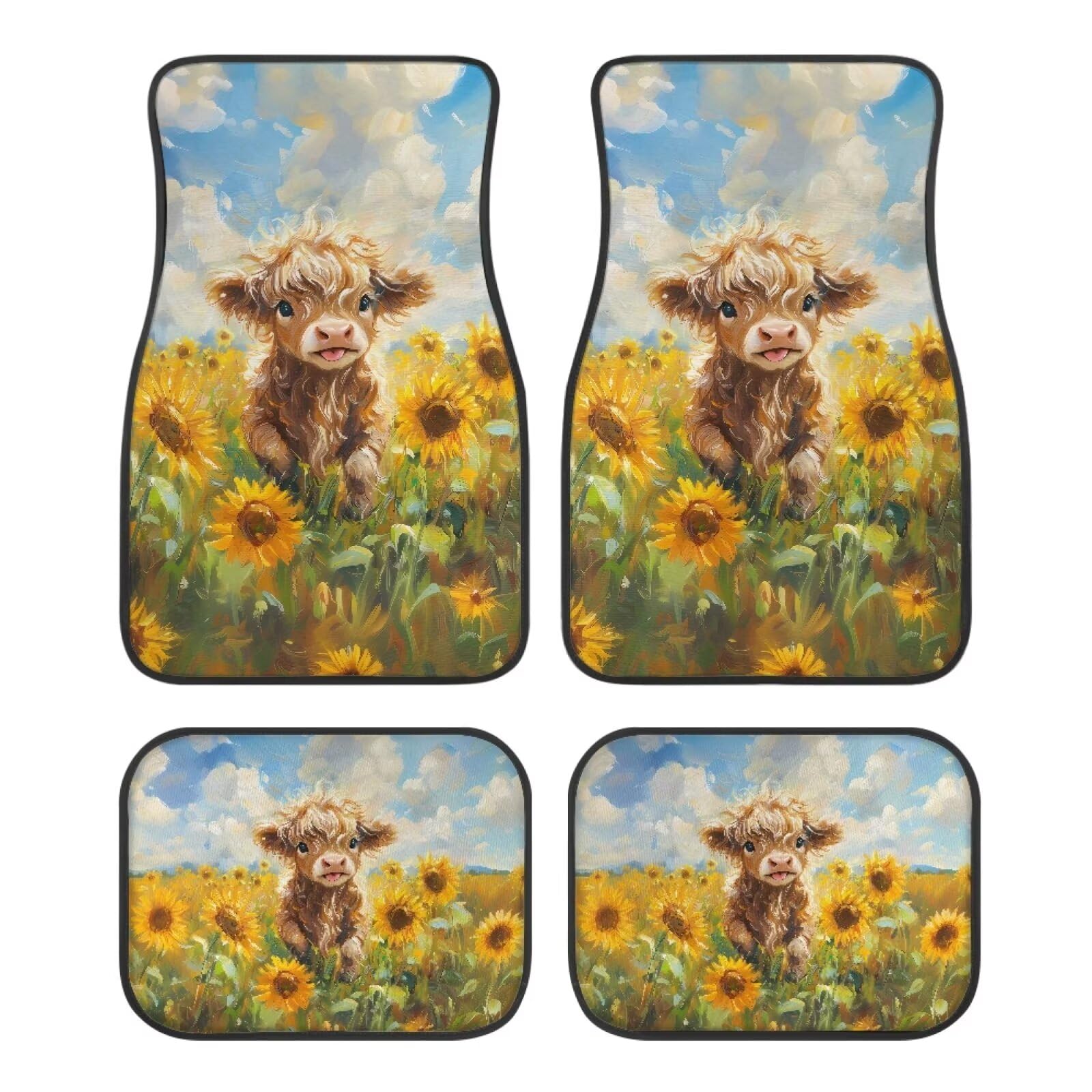 ZIATUBLES Auto Fußmatten rutschfeste Teppich Fußmatten für vorne und hinten Komplette Sets Schmutzabweisend Sonnenblume Highland Cow Print Allwettermatten Universal passend für die meisten Auto von ZIATUBLES