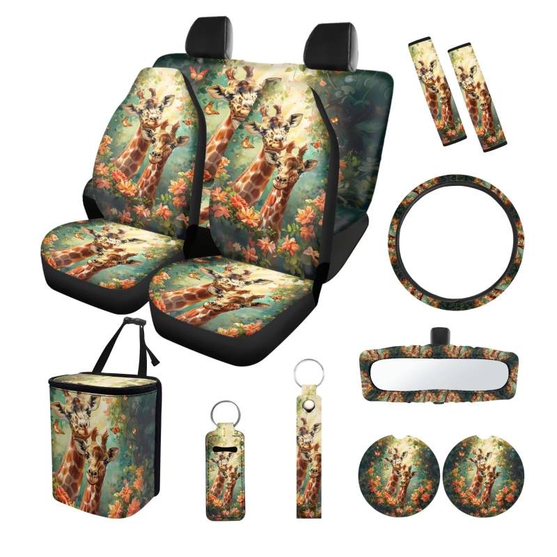 ZIATUBLES Auto-Innen-Sitzbezüge, Retro-Design, Blumenmuster, Giraffen-Druck, komplettes Set mit Lenkradbezug, Sicherheitsgurtpolster, Auto-Mülleimer, Rückspiegel-Abdeckung, Untersetzer, von ZIATUBLES