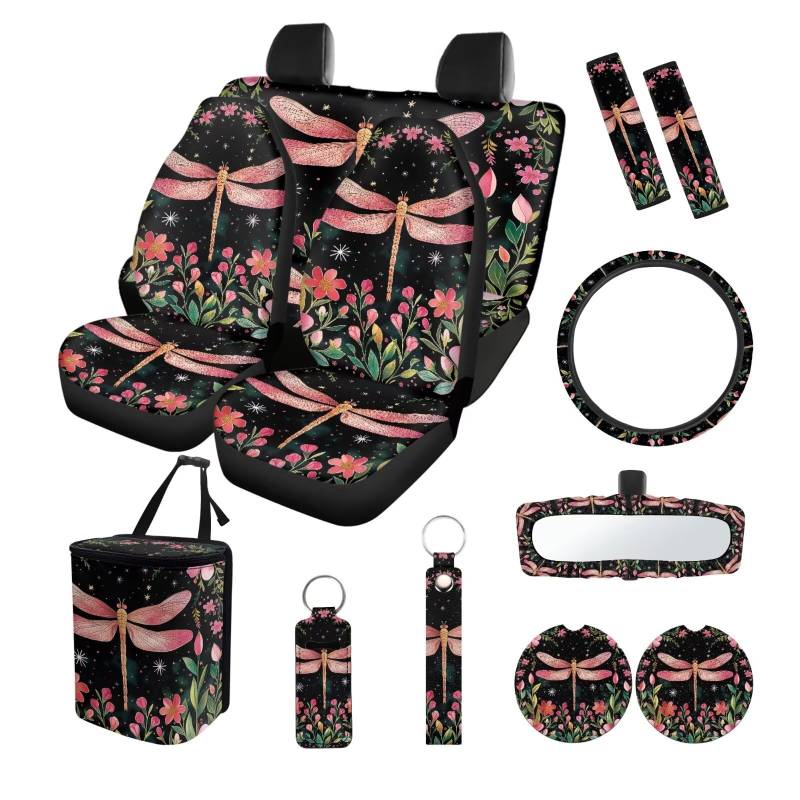 ZIATUBLES Auto Inteiror Set Sitzbezüge Lenkradbezug Sicherheitsgurtpolster Vintage Floral Libelle Print Mülleimer Rückspiegel Abdeckung Untersetzer PU Schlüsselanhänger Lippenstift Abdeckung von ZIATUBLES