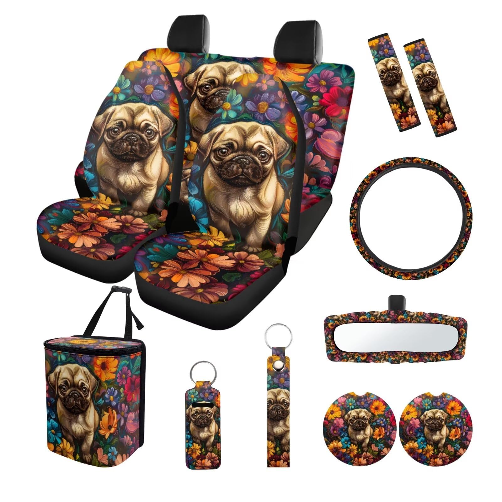 ZIATUBLES Auto Inteiror Set Sitzbezüge mit Lenkradbezug Retro Floral Mops Hund Druck Sicherheitsgurt-Pads Mülleimer Rückspiegel Abdeckung Untersetzer Schlüsselanhänger Lippenstift Abdeckung 13-teilig von ZIATUBLES