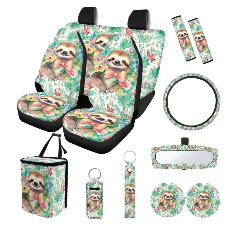 ZIATUBLES Auto Inteiror Set Tropisches Blatt Floral Faultier Druck Sitzbezüge Lenkradbezug Sicherheitsgurtpolster Mülleimer Rückspiegel Abdeckung Untersetzer PU Schlüsselanhänger Lippenstift Abdeckung von ZIATUBLES