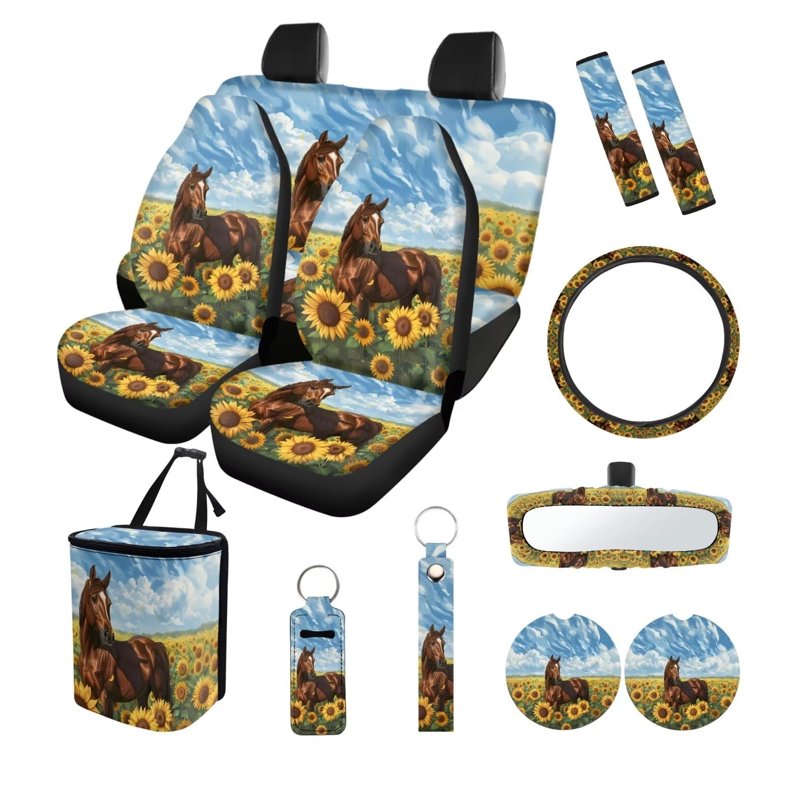 ZIATUBLES Auto-Inteiror-Set mit Sonnenblumen-Motiv, 13-teiliges Set, Lenkradbezug, Gurtpolster, Mülleimer, Rückspiegel, Untersetzer, PU, Schlüsselanhänger, Lippenstift-Abdeckung von ZIATUBLES