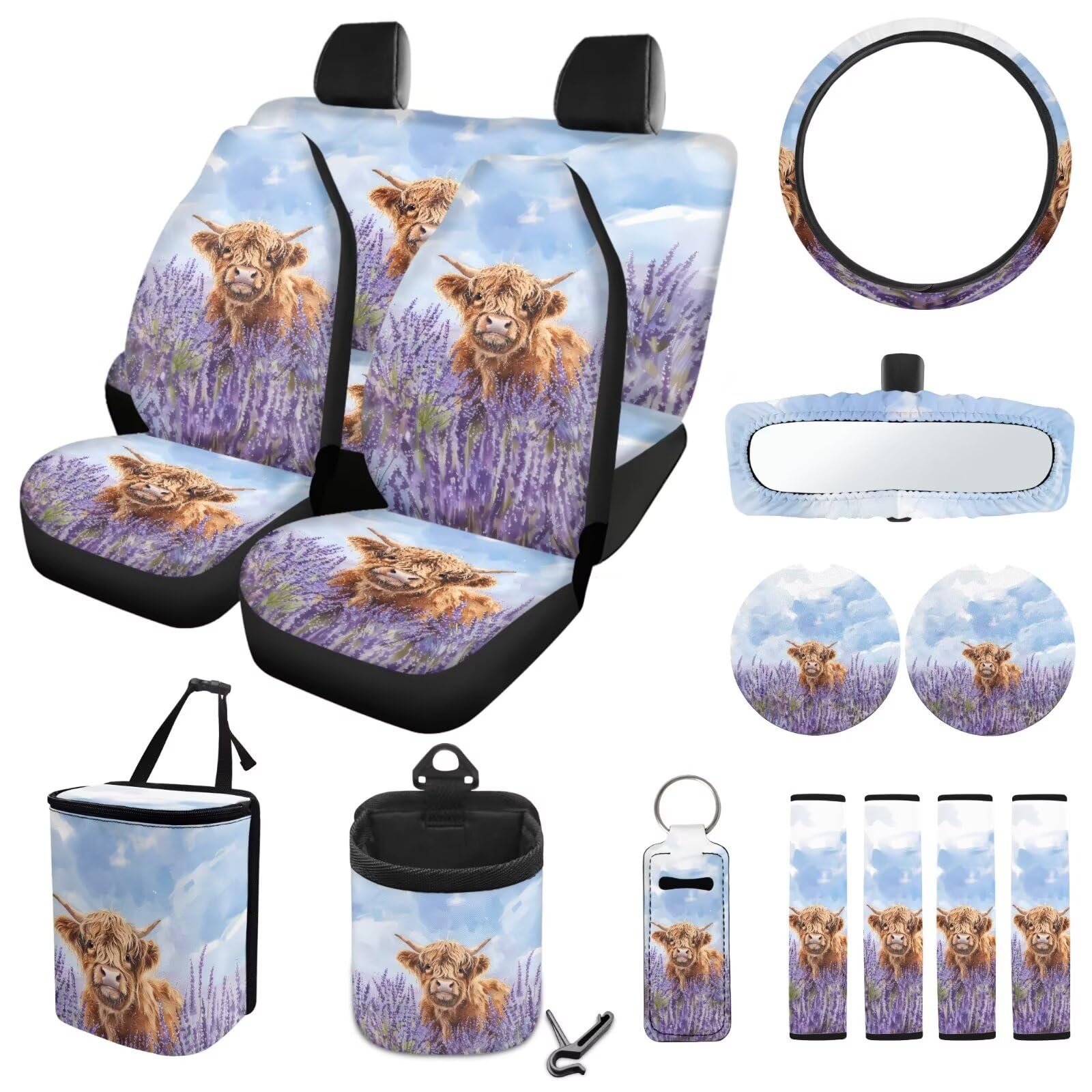 ZIATUBLES Auto-Sitzbezüge, Motiv: Lavendel Highland Cow Print, komplettes Set, Lenkradbezug, Sicherheitsgurtpolster, Mülleimer, Lüftungsschlitz, Aufbewahrungstasche, Rückspiegelschutz, von ZIATUBLES