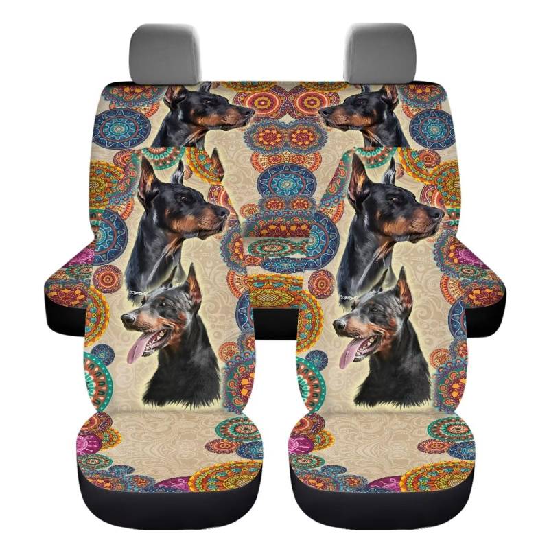 ZIATUBLES Auto Sitzbezüge Full Set Universal Fahrzeug Vorne und Hinten Sitzbezüge Boho Mandala Dobermann Pinscher Hund Druck Auto Innenraum Zubehör Sitzschoner für Autos SUV LKW von ZIATUBLES