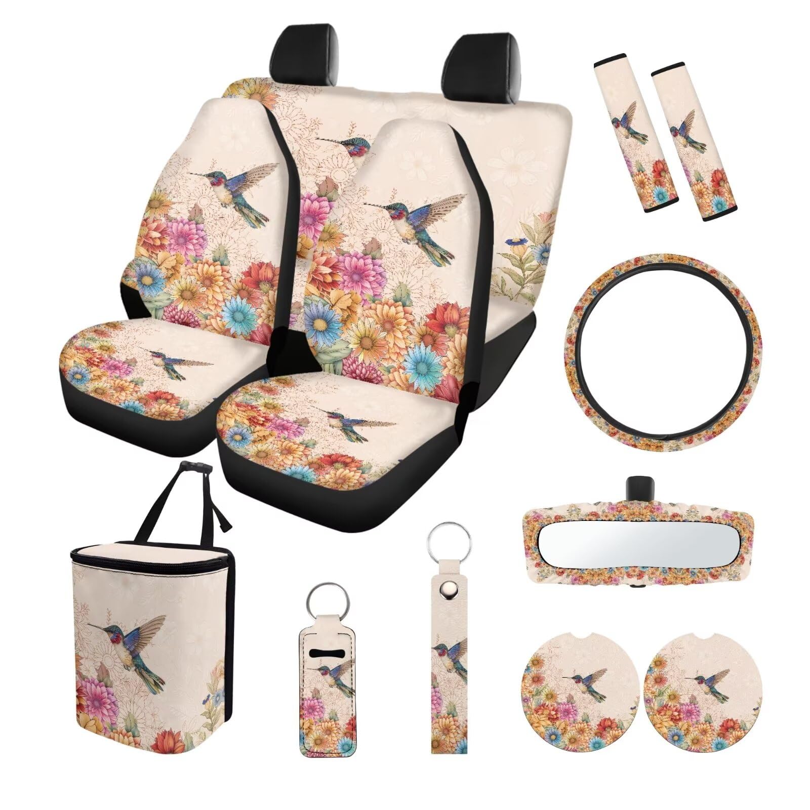 ZIATUBLES Auto-Sitzbezüge mit Bohemian-Blumen-Kolibri-Druck, komplettes Set mit Lenkradbezug, Sicherheitsgurtpolster, Mülleimer, Rückspiegel-Abdeckung, Untersetzer, PU, Schlüsselanhänger, von ZIATUBLES