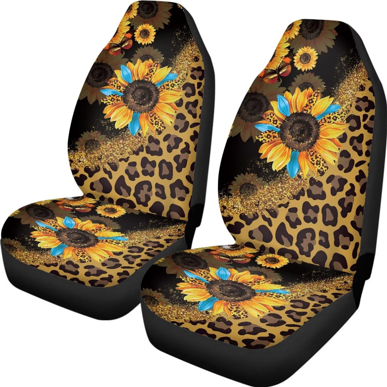 ZIATUBLES Auto-Sitzbezug mit Sonnenblumen-Leopardenmuster, 2 Stück, Auto-Innendekoration, dehnbar, hohe Rückenlehne, Schalensitzschutz, Automobilzubehör für Limousine, SUVs von ZIATUBLES