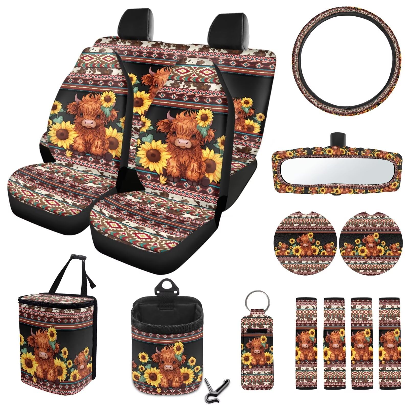 ZIATUBLES Autositzbezüge, Aztekenmuster, 15-teilig, komplettes Set, Lenkradbezug, Gurtpolster, Untersetzer, Sonnenblumen-Hochlandkuh, Abfalleimer, hängende Aufbewahrungstasche, Rückspiegel, von ZIATUBLES