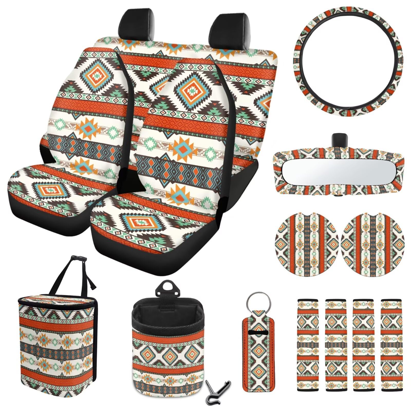 ZIATUBLES Autositzbezüge, Motiv: American Tribal Navajo, vollständiges Set mit Lenkradbezug, Sicherheitsgurtpolster, Mülleimer, Lüftungsschlitz, Aufbewahrungstasche, Untersetzer, Rückspiegelschutz, von ZIATUBLES