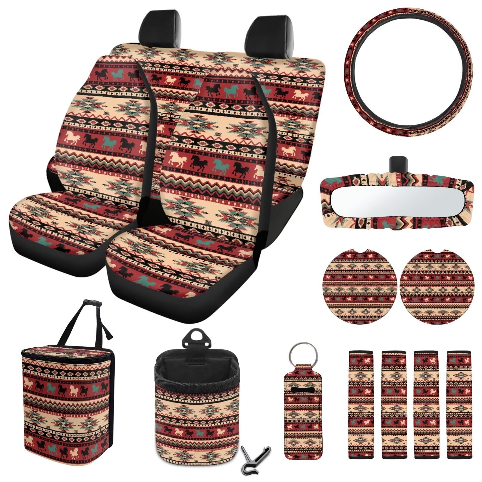 ZIATUBLES Autositzbezüge, Motiv: Azteken-Tribal, laufendes Pferd, komplettes Set mit Lenkradbezug, Sicherheitsgurtpolster, Mülleimer, Aufbewahrungstasche, Untersetzer, Rückspiegelschutz, von ZIATUBLES