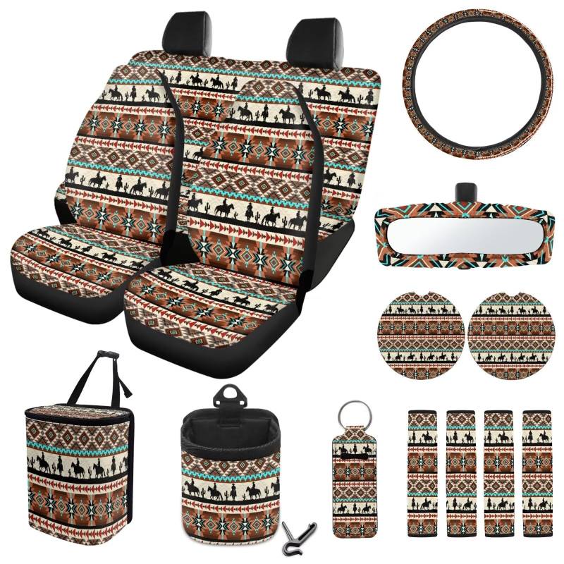 ZIATUBLES Autositzbezüge, Motiv: Azteken-Tribal-Cowboy-Druck, komplettes Set mit Lenkradbezug, Sicherheitsgurtpolster, Mülleimer, Lüftungsschlitz, Aufbewahrungstasche, Untersetzer, Rückspiegelschutz, von ZIATUBLES