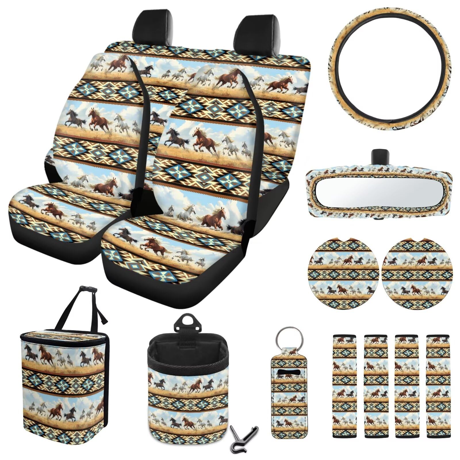 ZIATUBLES Autositzbezüge, Motiv: Azteken-Tribal-Motiv, 15-teilig, komplettes Set mit Lenkradbezug, Gurtpolster, Mülleimer, Lüftungsschlitz, Aufbewahrungstasche, Rückspiegelabdeckung, Untersetzer, von ZIATUBLES