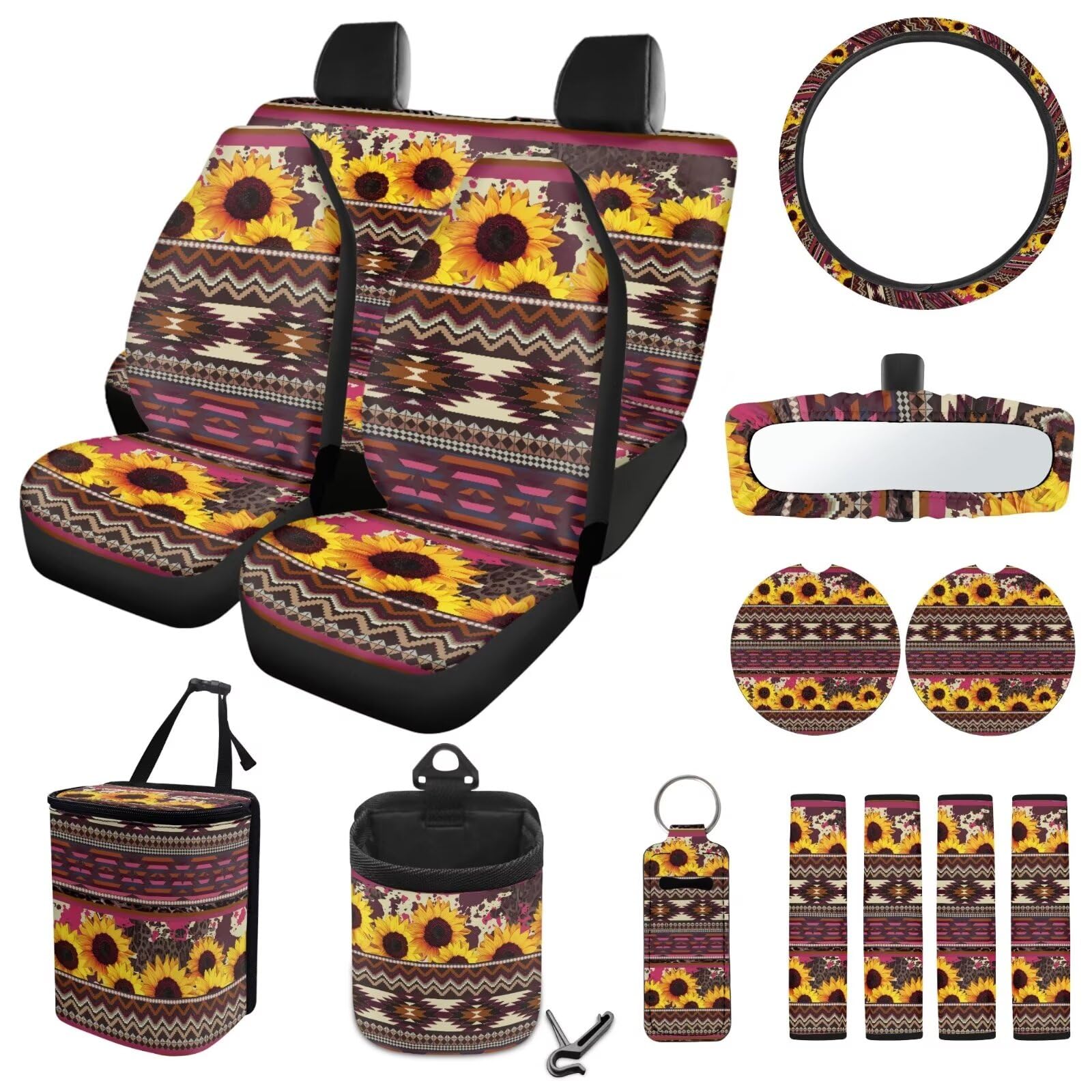 ZIATUBLES Autositzbezüge, Motiv: Aztekenmuster, Sonnenblumen-Motiv, komplettes Set mit Lenkradbezug, Gurtpolster, Mülleimer, Aufbewahrungstasche, Rückspiegel, Untersetzer, Lippenstiftbezug, 15-teilig von ZIATUBLES