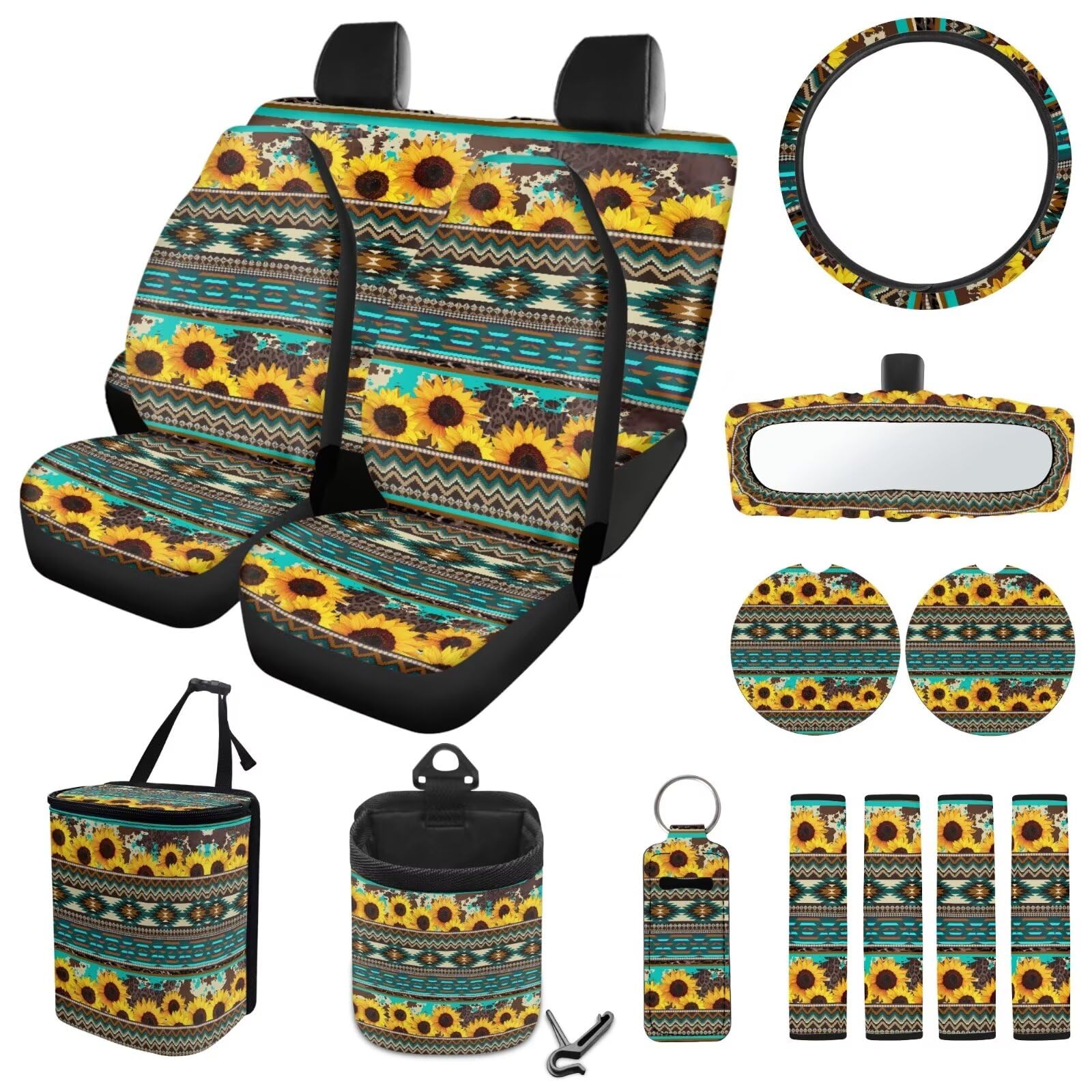 ZIATUBLES Autositzbezüge, Motiv: Aztekenmuster, Sonnenblumen-Motiv, komplettes Set mit Lenkradbezug, Sicherheitsgurtpolster, Mülleimer, Lüftungsschlitz, Aufbewahrungstasche, Untersetzer, von ZIATUBLES