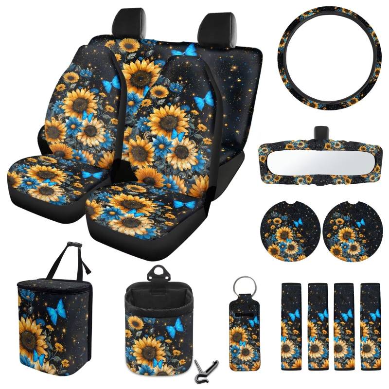 ZIATUBLES Autositzbezüge, Motiv: Sonnenblumen-Blau, Schmetterlings-Druck, komplettes Set mit Lenkradbezug, Sicherheitsgurtpolster, Mülleimer, Lüftungsschlitz, Aufbewahrungstasche, Untersetzer, von ZIATUBLES