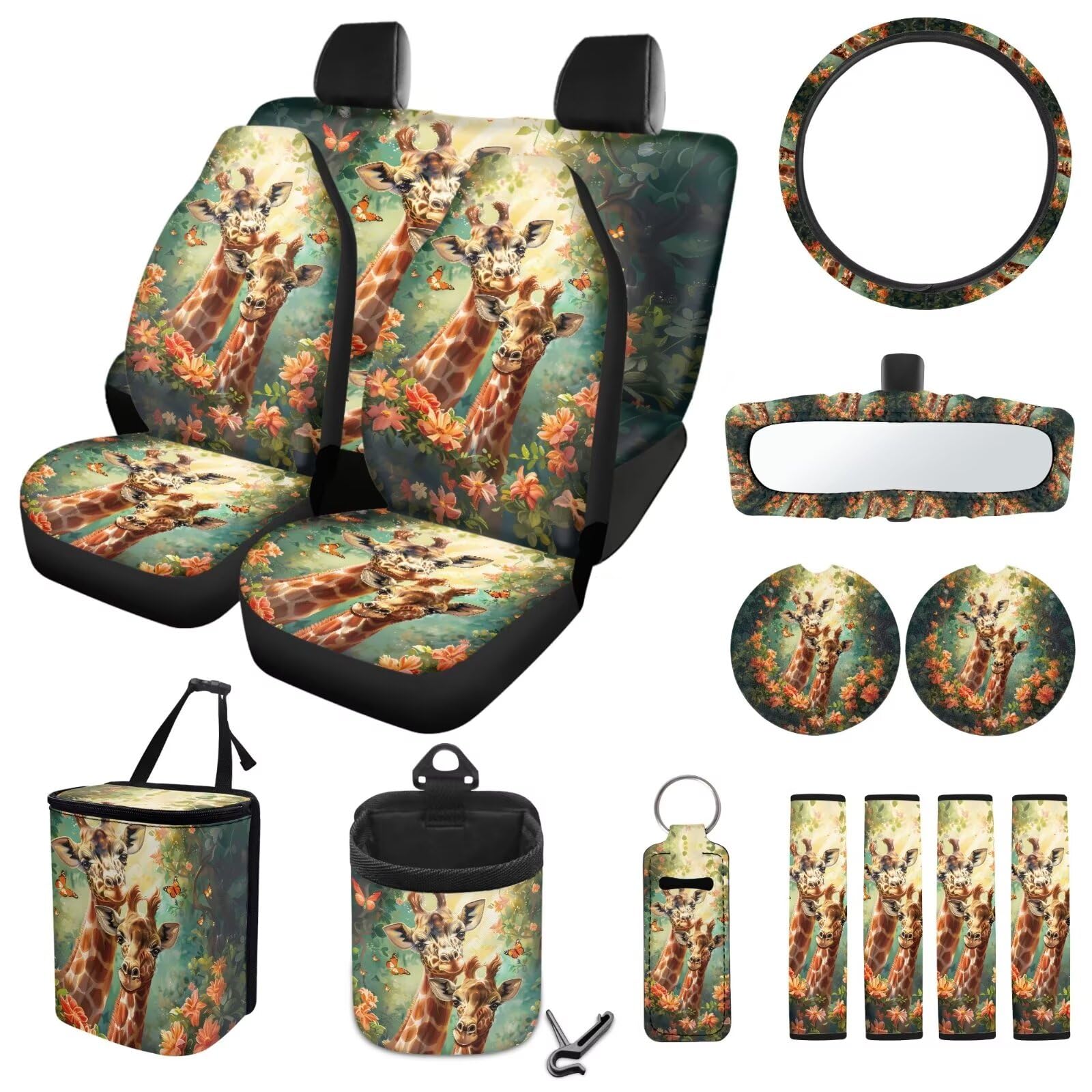 ZIATUBLES Autositzbezüge, Retro-Design, Blumenmuster, Giraffen-Druck, komplettes Set mit Lenkradbezug, Gurtpolster, Mülleimer, hängende Aufbewahrungstasche, Rückspiegel-Abdeckung, Untersetzer, von ZIATUBLES