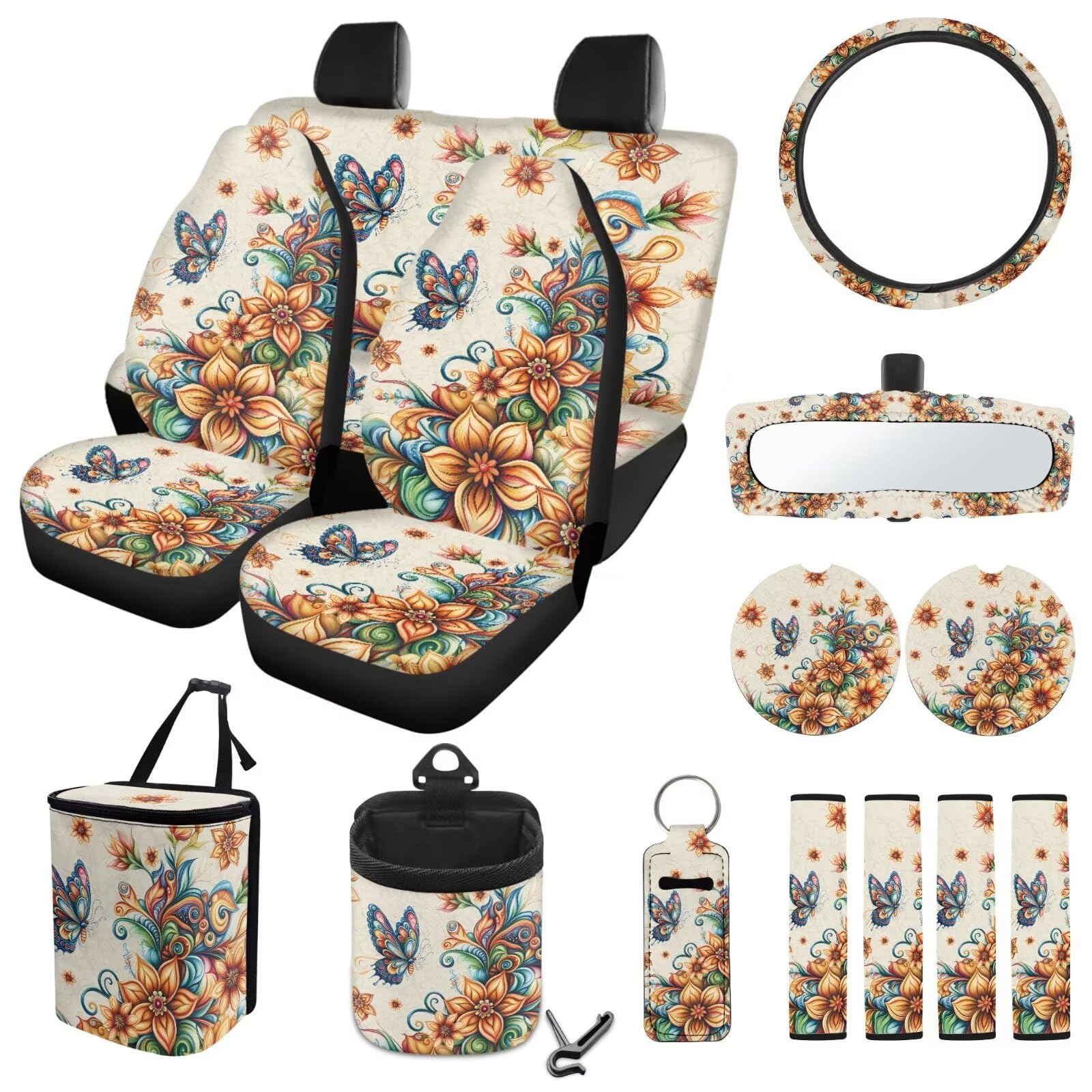 ZIATUBLES Autositzbezüge, Retro-Design, Motiv: Blumen- und Schmetterlings-Druck, komplettes Set, Lenkradbezug, Sicherheitsgurtpolster, Mülleimer, Lüftungsschlitz, Aufbewahrungstasche, von ZIATUBLES